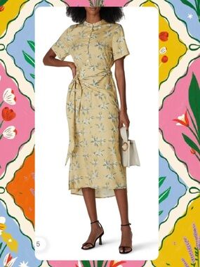 Caara Floral Tie-Waist Wrap button-up Midi Dress in Pale Yellow Sz Large